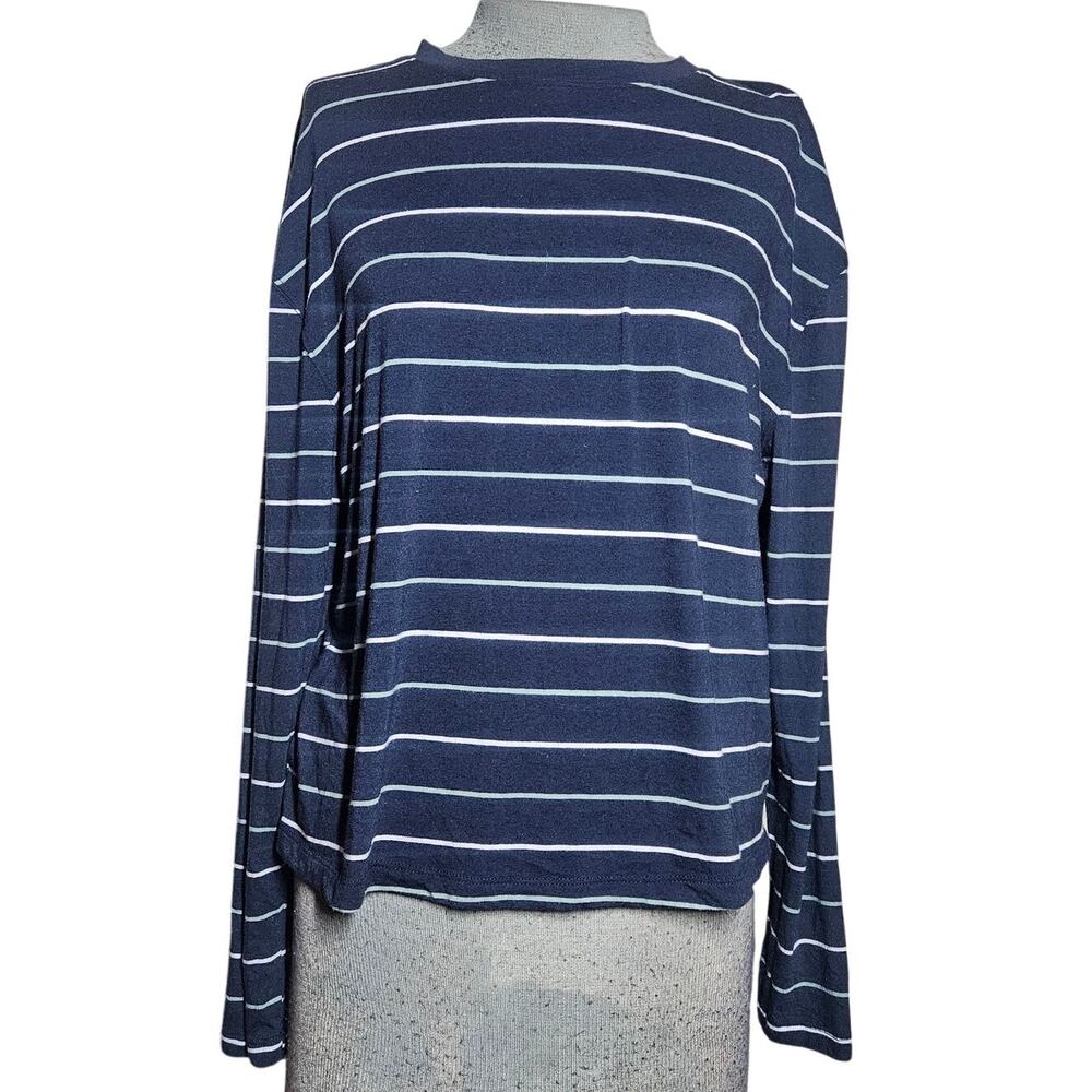 Blue Striped Long Sleeve Cotton Blend Top Size Medium